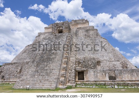 Magnificent detail of Maya structure Pyramid of the Magician at the archaeological site of Uxmal in Yucatan, Mexico