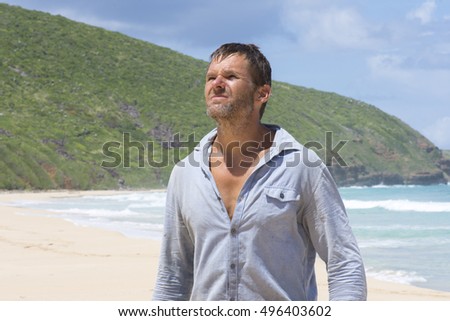 Similar – Image, Stock Photo Bearded male on deserted road