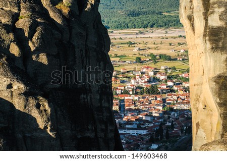 Close up look over the Greek village between two rocky cliffs