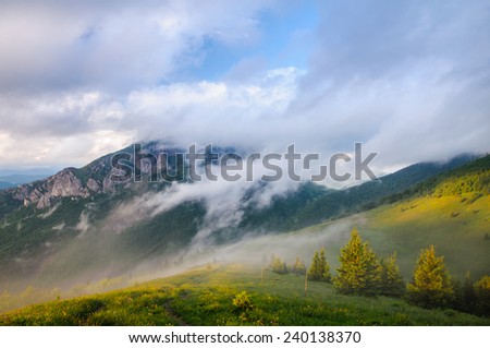 Summit of Velky Rozsutec covered in low clouds after quick summer storm