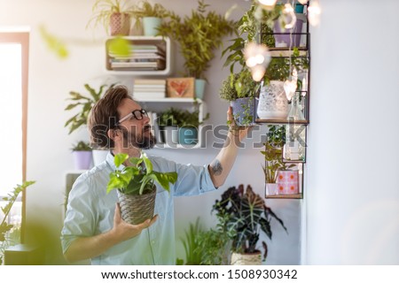 Similar – Image, Stock Photo Young man taking care of his plants on a balcony