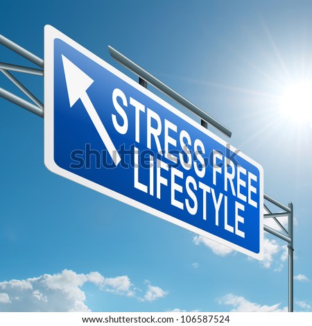 Illustration depicting a highway gantry sign with a stress free concept. Blue sky background.