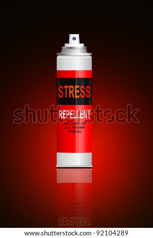 Illustration depicting a single aerosol spray can with the words \'stress repellent\'. Red and black blur background.