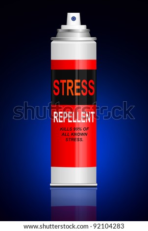 Illustration depicting a single aerosol spray can with the words \'stress repellent\'. Blue and black blur background.