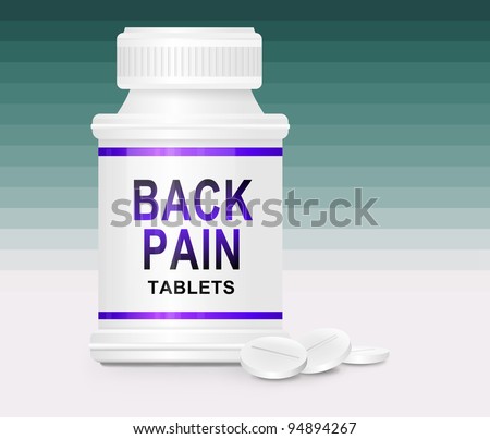 Illustration depicting a single white and blue  medication container with the words 'back pain tablets' on the front with green gradient stripe background and a few tablets in the foreground.