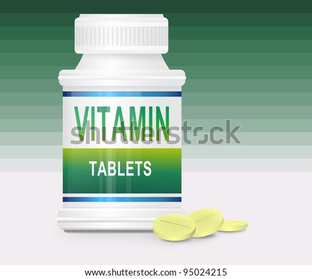 Illustration depicting a single medication container with the words \'vitamin tablets\' on the front with green gradient stripe background and a few tablets in the foreground.