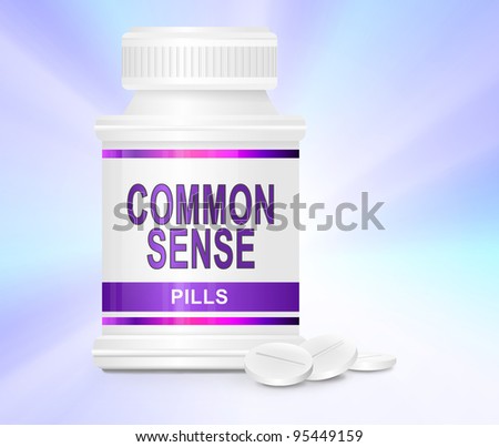 Illustration depicting a single medication container with the words \'common sense pills\' on the front with subtle pastel light effect background and a few tablets in the foreground.