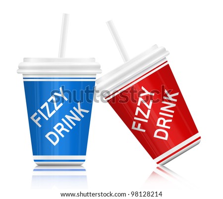 Illustration depicting two plastic fizzy drink containers with straws. White background.