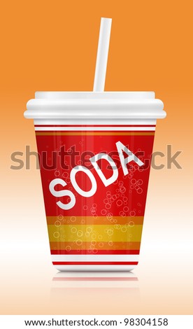 Illustration  depicting a fast food soda drink container. Arranged over orange to white gradient.
