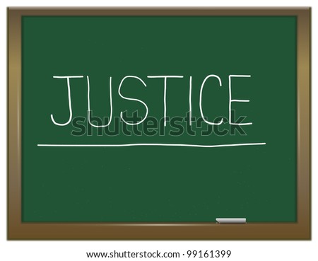 Illustration depicting a green chalkboard with a justice concept written on it.