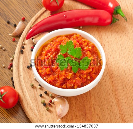 Red hot chili pepper and ingredients for sauce and sauce