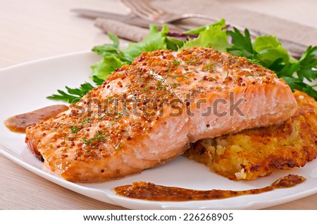 Baked salmon with honey-mustard sauce and potato gratin