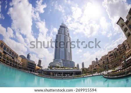 DUBAI, UAE - FEBRUARY 24: Address Hotel and Lake Burj Dubai in Dubai. The hotel is 63 stories high and feature 196 lavish rooms and 626 serviced residences. Picture taken on February 24, 2015.