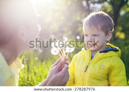 Cute toddler boy making a with before blowing dried dandelions in mother\'s hands