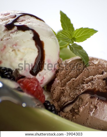 fruit an chocolate ice cream with mint close up shoot
