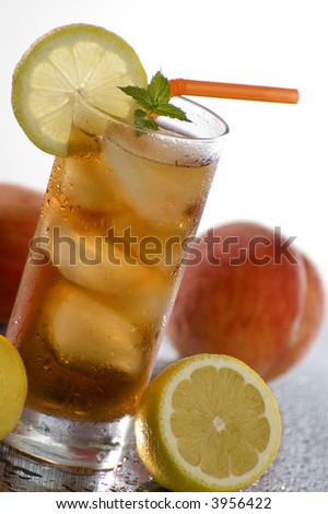 cold fresh ice tea with lemon close up shoot