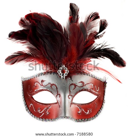 red and silver feathered mask isolated on a white background