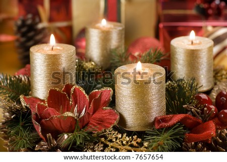 advent wreath with golden candles close up shoot