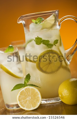 fresh lemonade with ice and mint close up