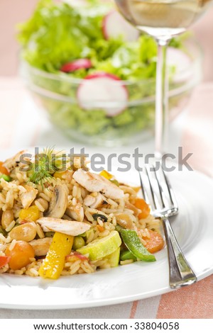 Fresh risotto with chicken and vegetables close up