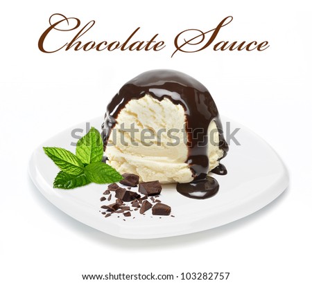 Chocolate sauce on vanilla ice cream with chocolate pieces and mint