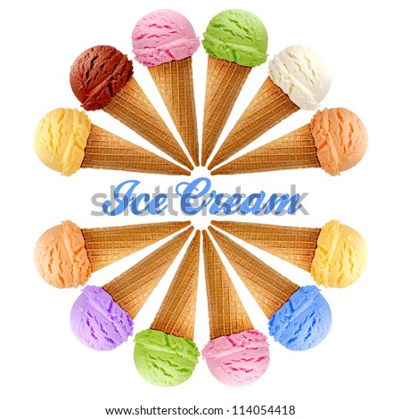 Mixed ice creams in cones on white background