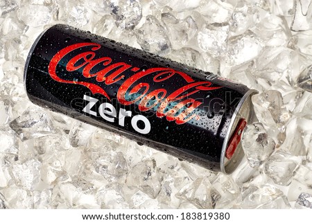 TURKEY - March 25, 2014: 250ml Coca-Cola Zero Can on crushed ice. Coca-Cola is one of the world\'s favorite beverages.