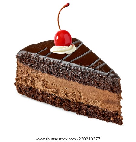 Chocolate cake with maraschino cherry on white background