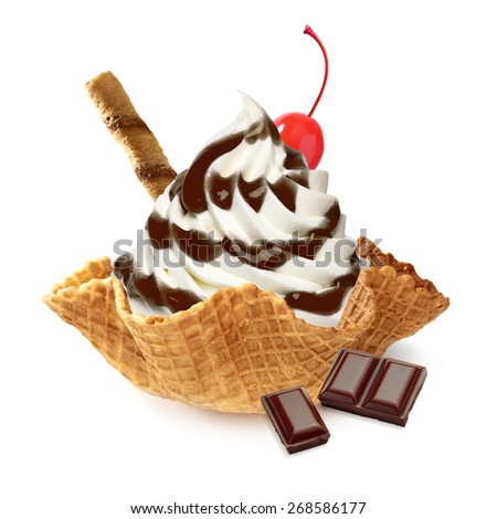 Vanilla ice cream with chocolate sauce in wafer bowl on white background