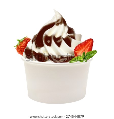 Vanilla frozen yogurt with sauce in blank takeaway cup on white background