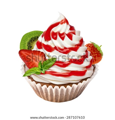 Cupcake with whipped cream and strawberry isolated on white background