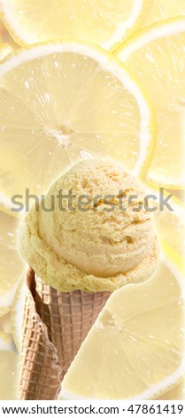 Lemon ice cream on lemon slices with light background