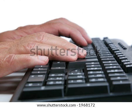 Man Typing on Black Keyboard, White Background