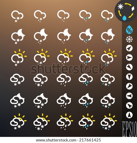 Weather icon set. Different combinations of snow, hail and rain (day, night and universal). Vector illustration for web, mobile devices (applications, widgets). Intended for dark background. eps 10