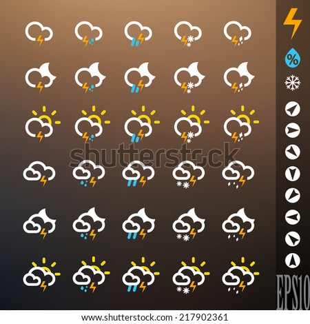 Weather icon set. Different thunder combinations (snow, hail, rain, day, night, universal). Vector illustration for web, mobile devices (applications, widgets). Intended for dark background. eps 10