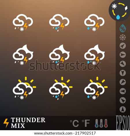 Weather icon set. Different thunder and weather combinations (snow/hail/rain, day/ night/universal). Vector illustration for web, mobile devices (applications, widgets). For dark background. eps 10