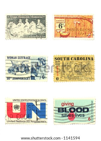 Stamps: US vintage stamps 6 cent, isolated white