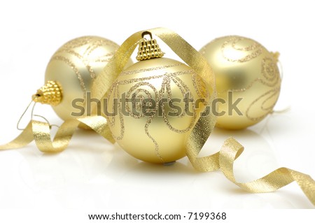 Golden christmas balls with ribbon in isolated white background