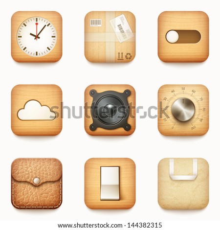 set of textured wooden paper and leather app icons on rounded corner square isolated eps10 vector illustration