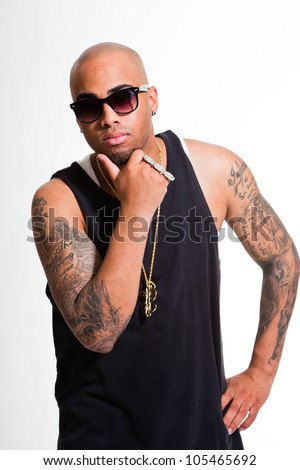 Hip Hop Urban Gangster Black Man Wearing Dark Shirt And Golden Jewelry ...