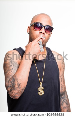 Hip Hop Urban Gangster Black Man Wearing Dark Shirt And Golden Jewelry ...