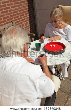 Senior couple playing dice game outdoor in garden. Yahtzee.