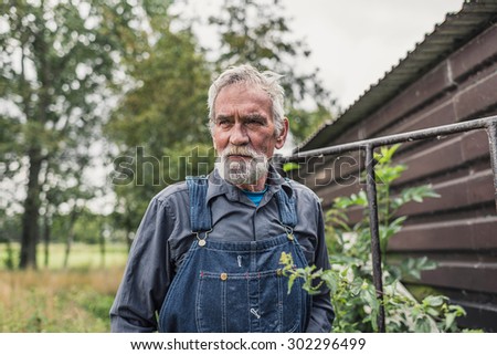 Serious grey haired bearded senior farmer standing in the farmyard, closeup head and shoulders view