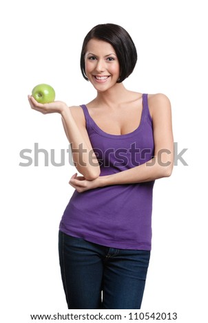Weighting loss lady with green apple, isolated, white background