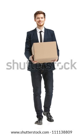 Shop assistant brings the parcel, isolated, white background