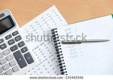 Close up of business stationery: notebook, pen, calculator and some documents lying on the table