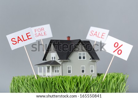 Close up of model house for sale on green grass, grey background. Concept of real estate and property