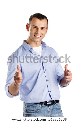 Young man shows hand guns gesture, isolated on white