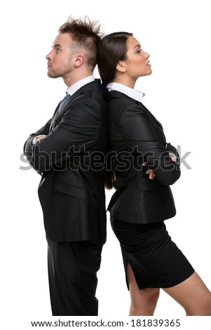 Profile of two businesspeople stands back to back with their arms crossed, isolated on white. Concept of competition and job competitive promotion