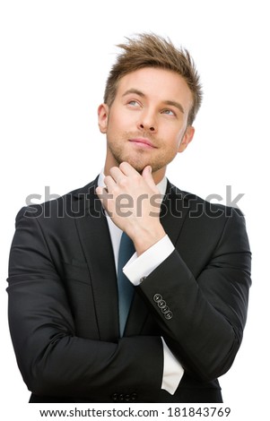 Half-length portrait of pensive executive touching face, isolated on white. Concept of leadership and success